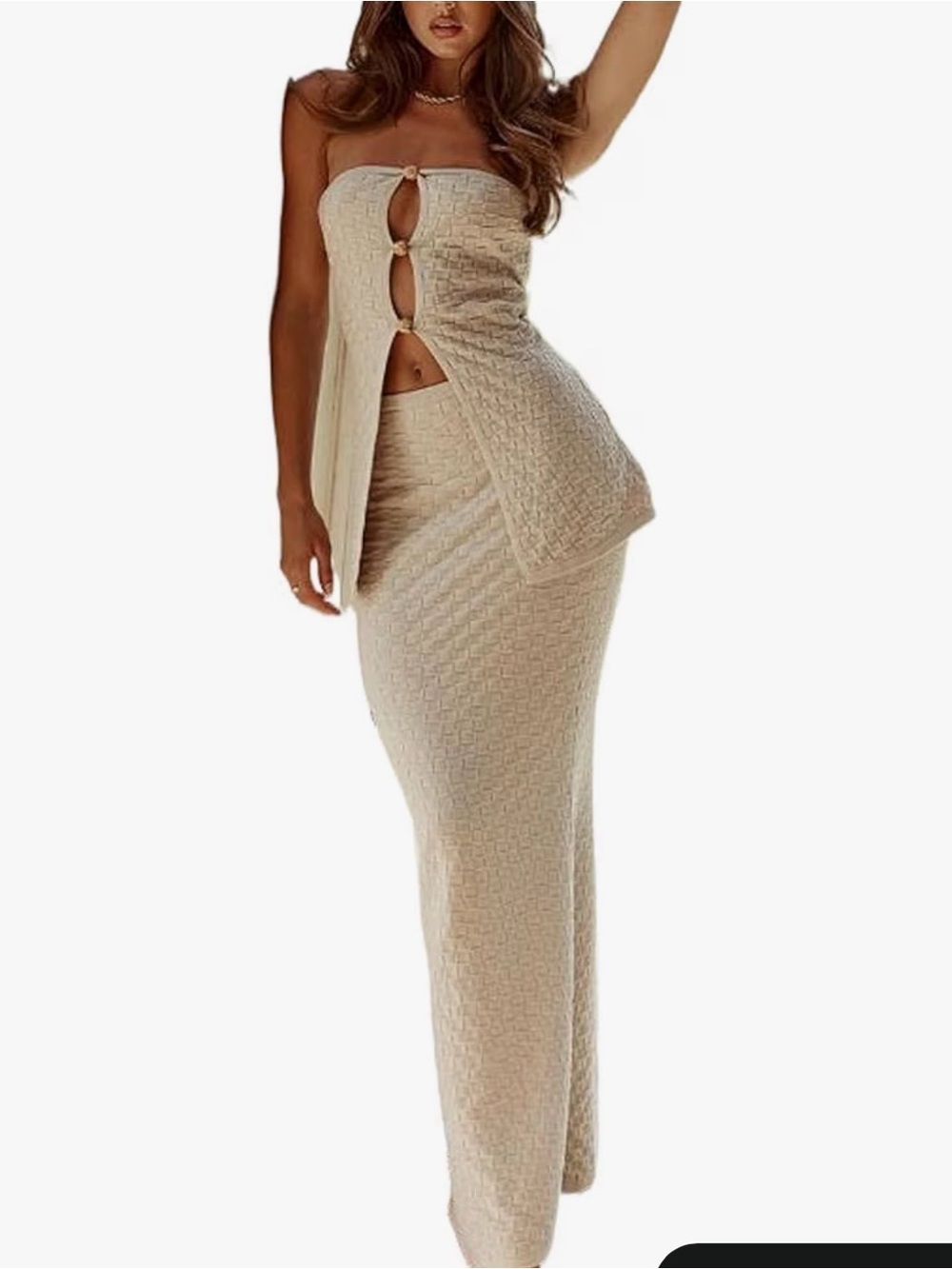Amazon Strapless Beige Knit Maxi Dress with Front Ring Accents